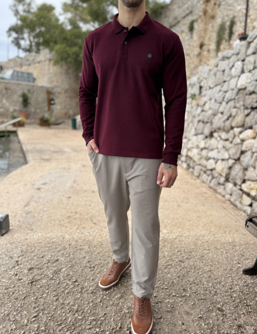 Everbest Ανδρική μπορντό Polo μακρυμάνικη μπλούζα Plus size 271042