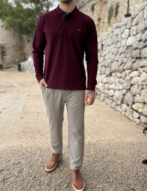 Everbest Ανδρική μπορντό πικέ Polo μακρυμάνικη μπλούζα Plus size 271028B