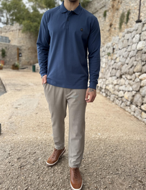Everbest Ανδρική μπλε Indigo πικέ Polo μακρυμάνικη μπλούζα Plus size 271028I