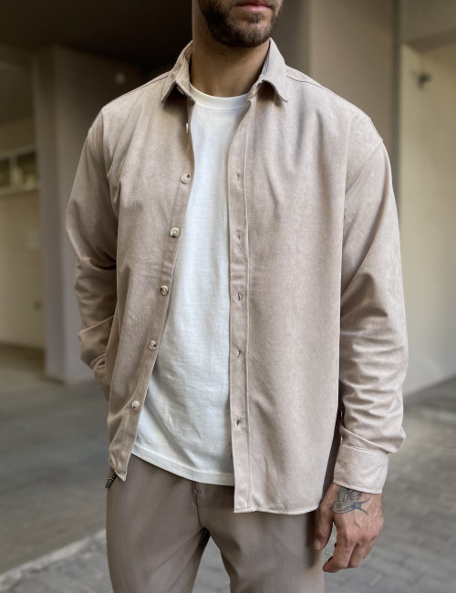 Ανδρικό μπεζ κοτλέ Overshirt με γιακά RMZ470B
