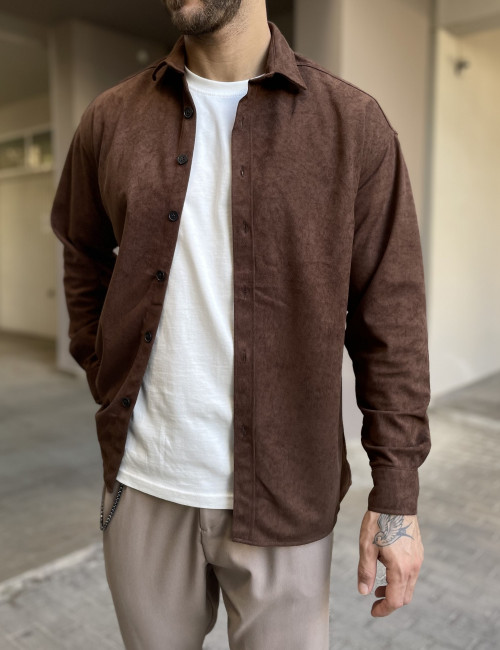 Ανδρικό καφέ κοτλέ Overshirt με γιακά RMZ470