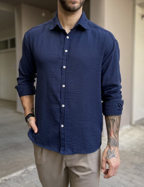 Ανδρικό μπλε γκοφρέ Overshirt με γιακά RMZ579N
