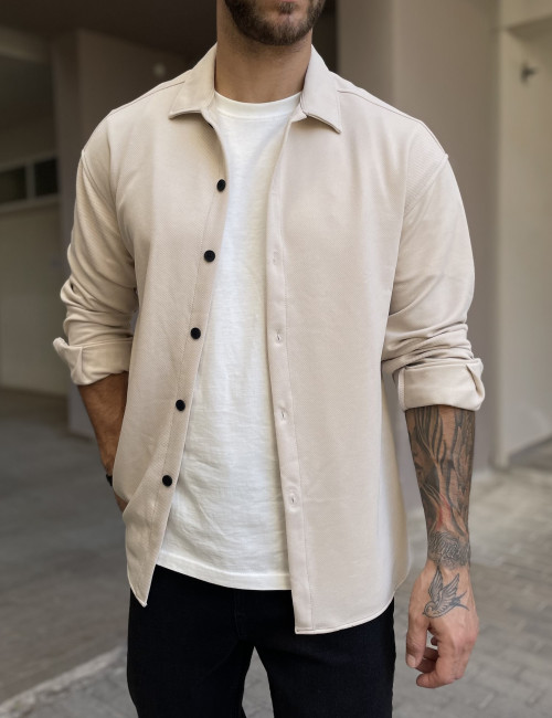 Ανδρικό μπεζ διαγωνάλ Overshirt με γιακά RMZ456B