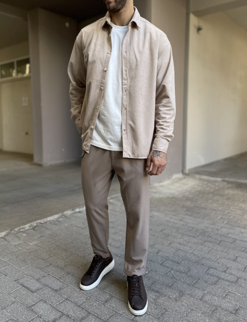 Ανδρικό μπεζ κοτλέ Overshirt με γιακά RMZ470B