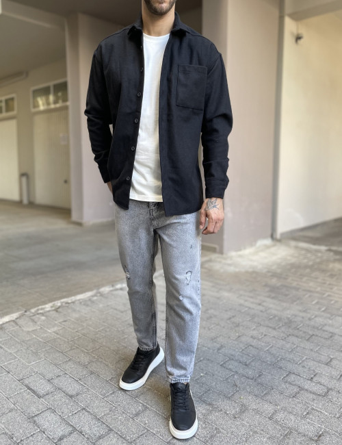 Ανδρικό μαύρο Overshirt με γιακά RMZ328M