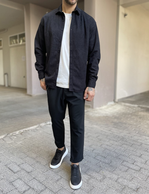Ανδρικό μαύρο κοτλέ Overshirt με γιακά RMZ470M