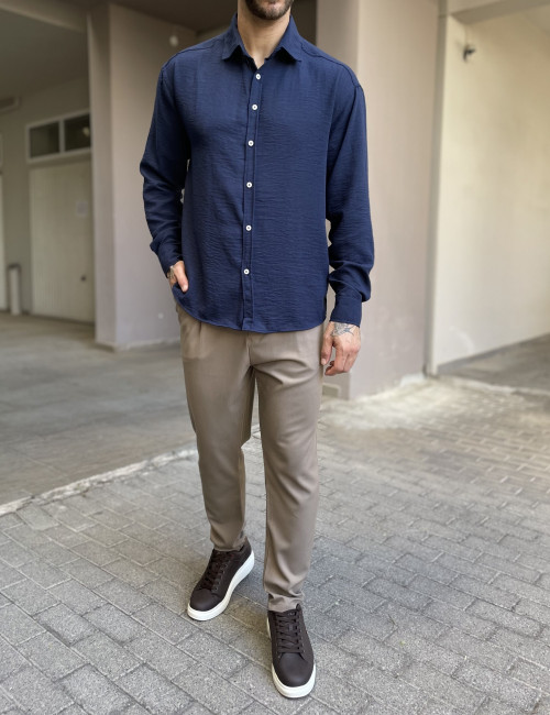 Ανδρικό μπλε γκοφρέ Overshirt με γιακά RMZ579N