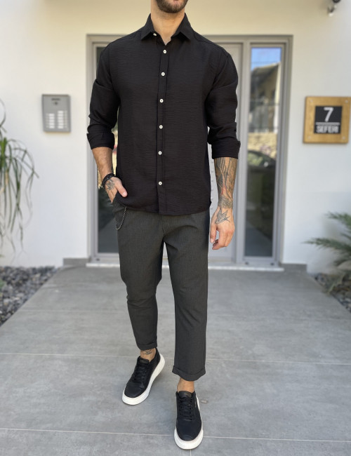 Ανδρικό μαύρο γκοφρέ Overshirt με γιακά RMZ579M