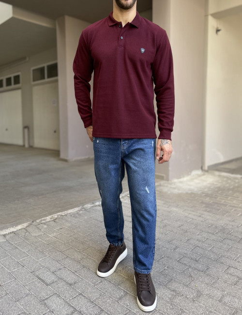 Everbest Ανδρική μπορντό Polo μακρυμάνικη μπλούζα Plus size 261032