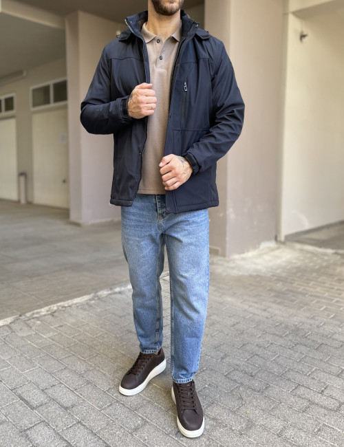 Ανδρικό μπλε μπουφάν με κουκούλα και τσέπες D3113B