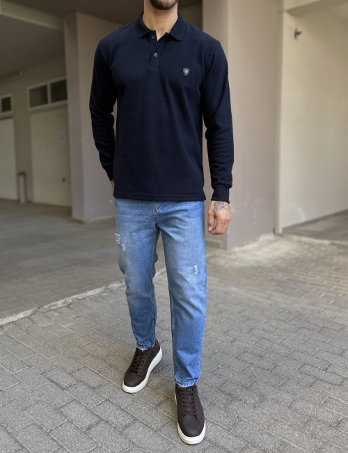 Everbest Ανδρική μπλε navy Polo μακρυμάνικη μπλούζα Plus size 261032N