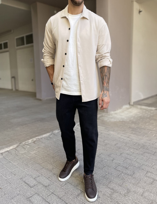 Ανδρικό μπεζ διαγωνάλ Overshirt με γιακά RMZ456B