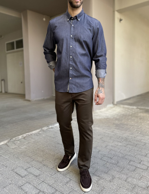 Ανδρικό μπλε με όψη denim βαμβακερό πουκάμισο με γιακά 2077B