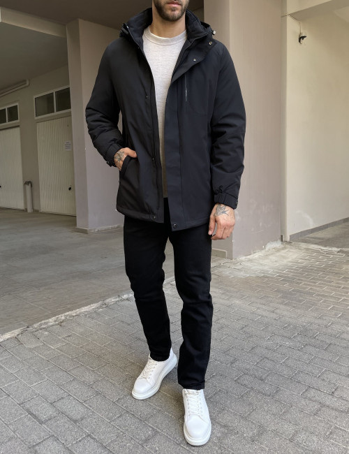 Ανδρικό μαύρο μπουφάν με κουκούλα και τσέπες D3356