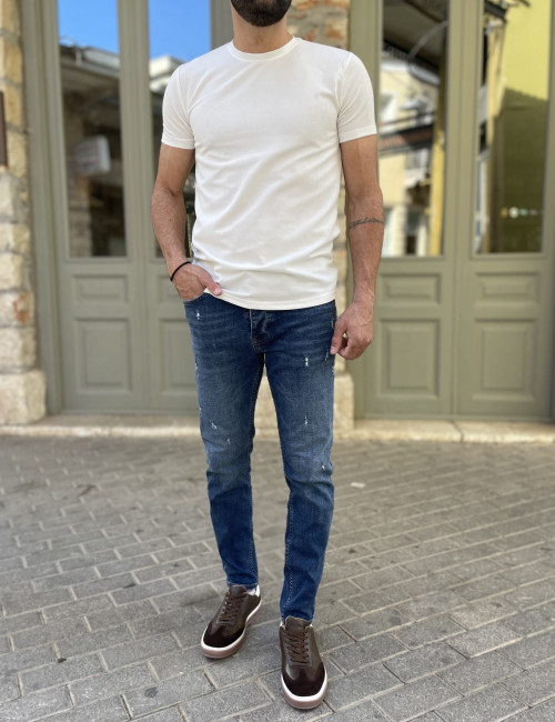 Ανδρικό μπλε χλώριο πεντάτσεπο τζιν παντελόνιμε φθορές ίσιο με κουμπιά 3LN439