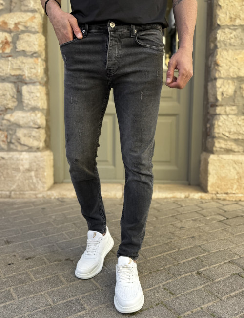 Ανδρικό Slim ανθρακί με φθορές τζιν παντελόνι πεντάτσεπο με κουμπιά 3LN478