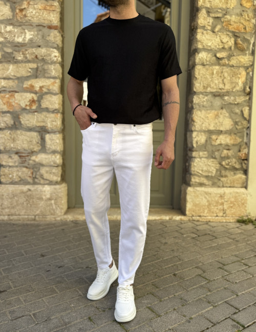 Ανδρικό λευκό Loose τζιν ελαστικό πεντάτσεπο με φερμουάρ 8302S