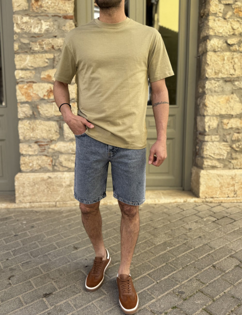 Ανδρική βαμβακερή λαδί κοντομάνικη Oversized μπλούζα KEF2622L