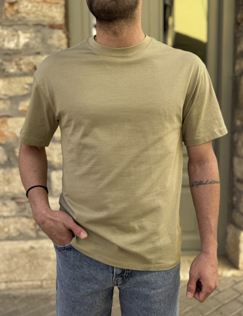 Ανδρική βαμβακερή λαδί κοντομάνικη Oversized μπλούζα KEF2622L