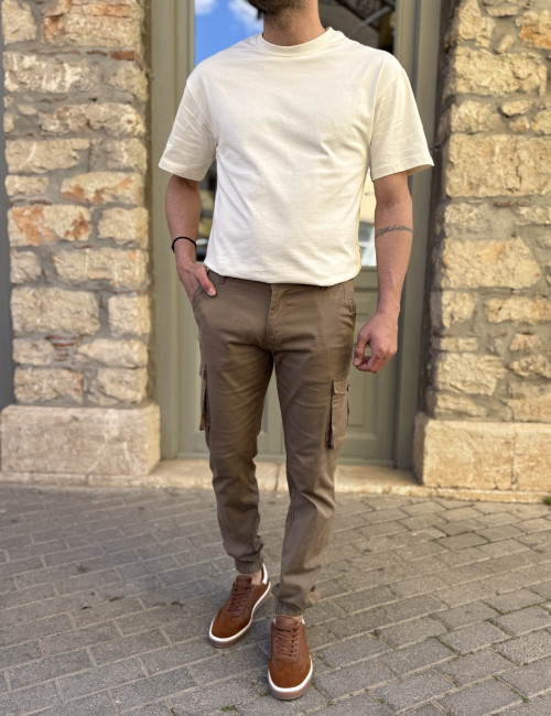 Ανδρικό cargo καφέ παντελόνι υφασμάτινο με λάστιχο BC51201B