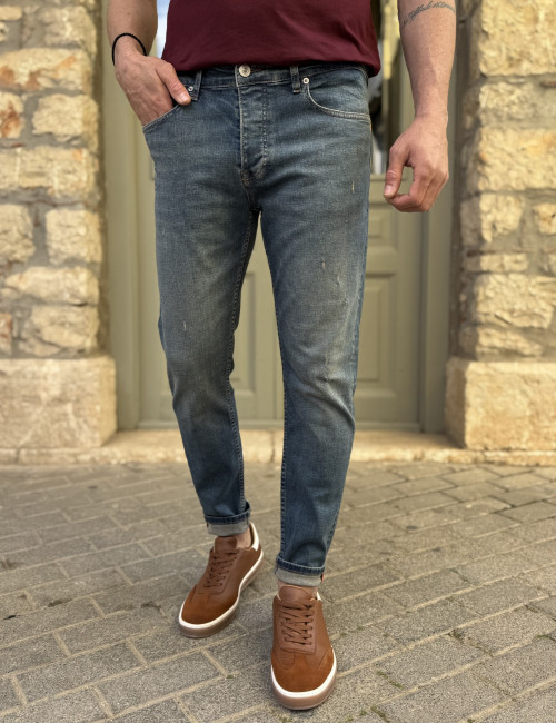 Ανδρικό Slim μπλε με φθορές τζιν παντελόνι πεντάτσεπο με κουμπιά 3LN471