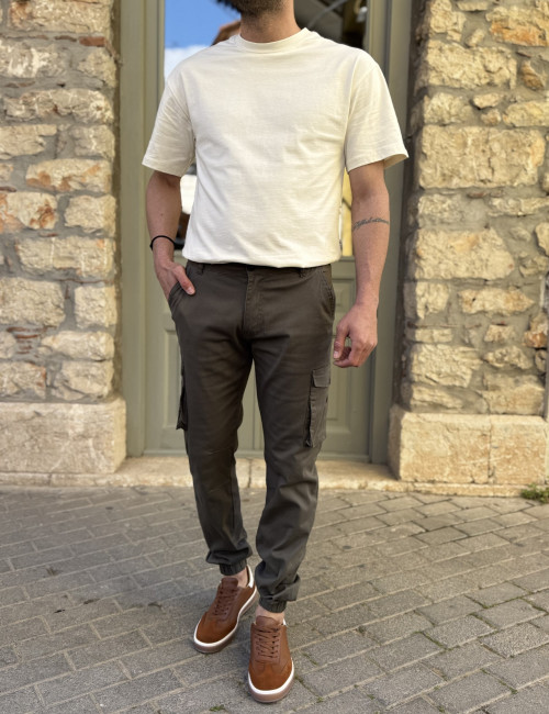 Ανδρικό cargo χακί παντελόνι υφασμάτινο με λάστιχο BC51201X