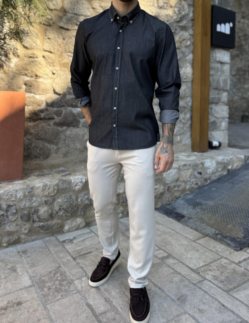 Ανδρικό μαύρο denim πουκάμισο με γιακά 2214M