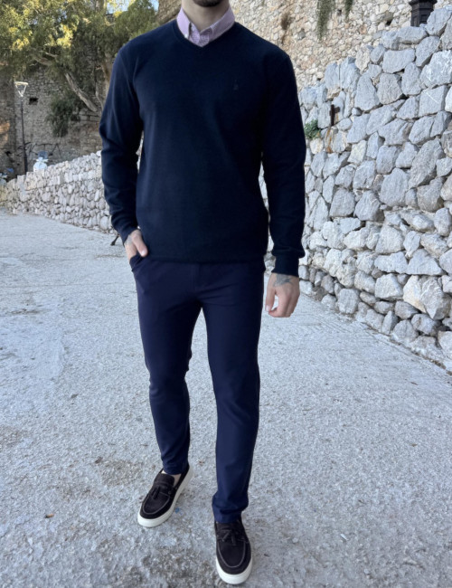 Ανδρική μπλε navy πλεκτή βαμβακερή μακρυμάνικη μπλούζα με V λαιμόκοψη ZWK102N