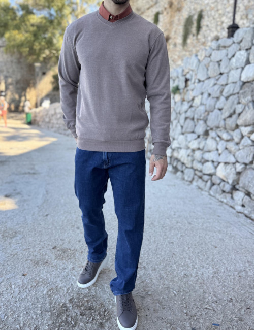 Ανδρική πούρο πλεκτή βαμβακερή μακρυμάνικη μπλούζα με V λαιμόκοψη ZWK102P