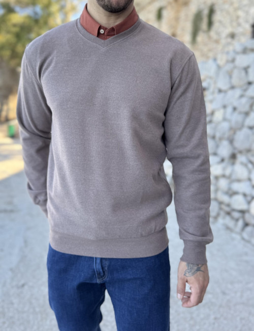 Ανδρική πούρο πλεκτή βαμβακερή μακρυμάνικη μπλούζα με V λαιμόκοψη ZWK102P