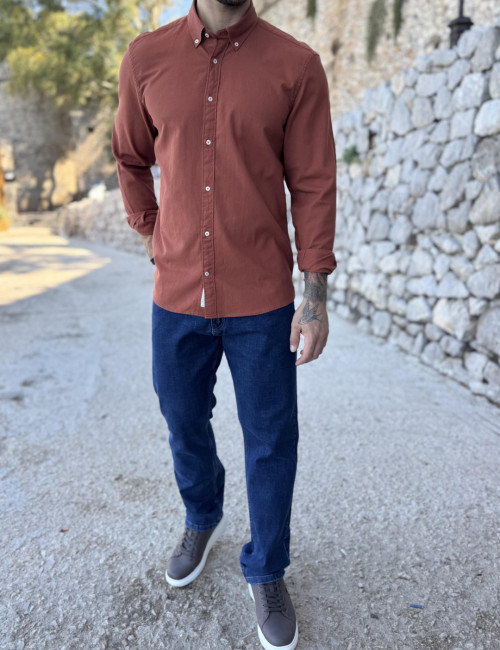 Ανδρικό βαμβακερό κεραμιδί ριπ πουκάμισο με γιακά 2465K