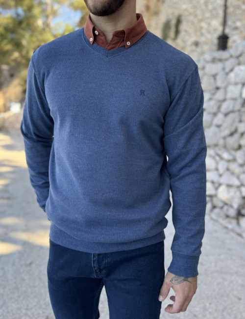 Ανδρική μπλε Indigo πλεκτή βαμβακερή μακρυμάνικη μπλούζα με V λαιμόκοψη ZWK102