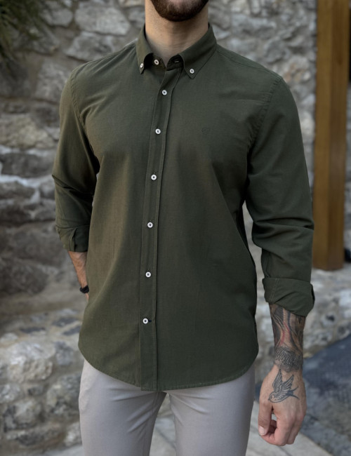 Ανδρικό χακί Oxford πουκάμισο με γιακά 2436X