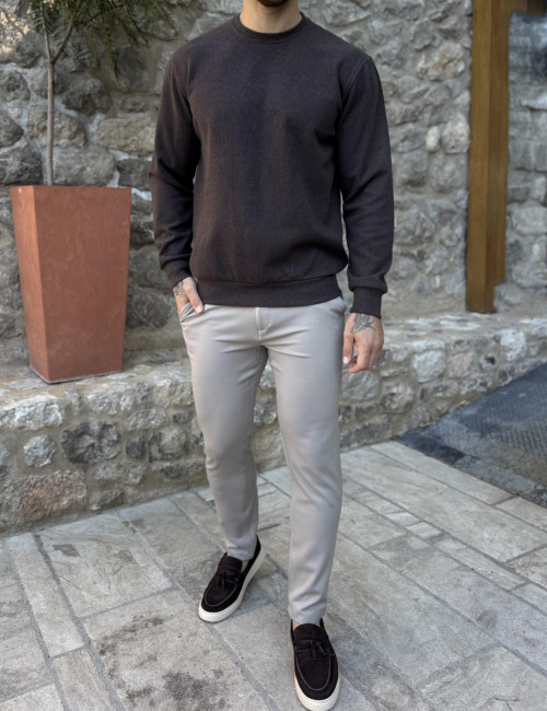 Ανδρική καφέ πλεκτή βαμβακερή μακρυμάνικη μπλούζα plus size ZWK301K