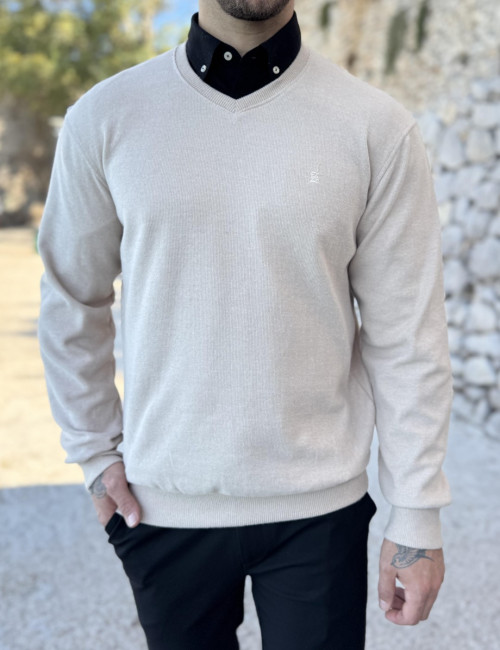 Ανδρική μπεζ πλεκτή βαμβακερή μακρυμάνικη μπλούζα με V λαιμόκοψη ZWK102B