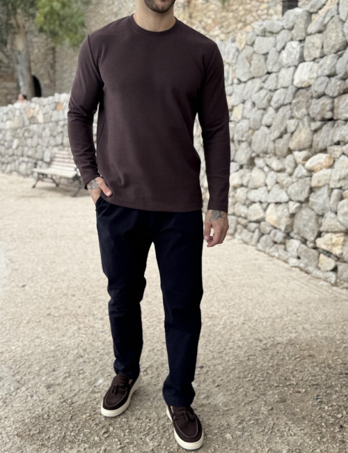 Ανδρική καφέ βαμβακερή πλεκτή μπλούζα RJN2715K