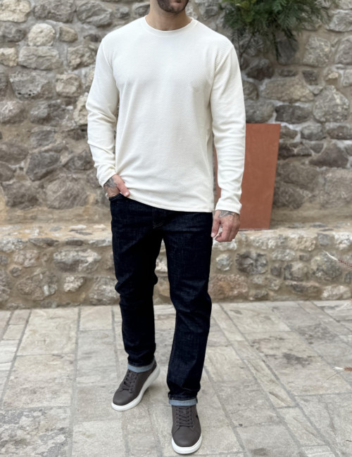 Ανδρική μπεζ βαμβακερή με ανάγλυφο σχέδιο μπλούζα RJN2710