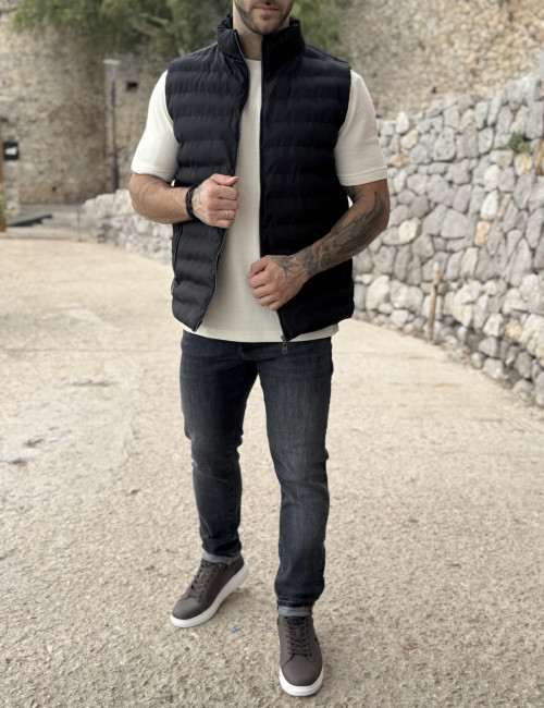 Ανδρικό μαύρο αδιάβροχο αμάνικο μπουφάν καπιτονέ FU3002M