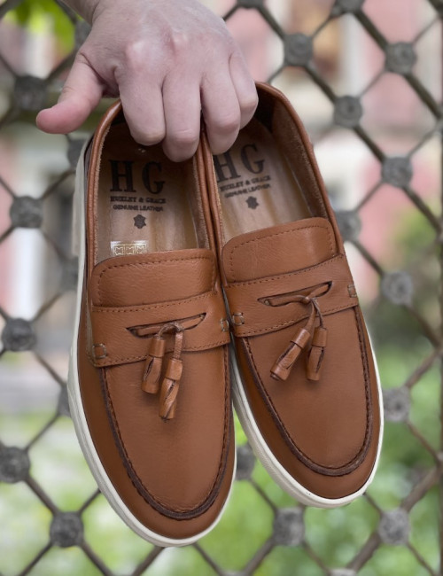 Huxley and Grace ανδρικά ταμπά δερμάτινα loafers με tassels HG174194T