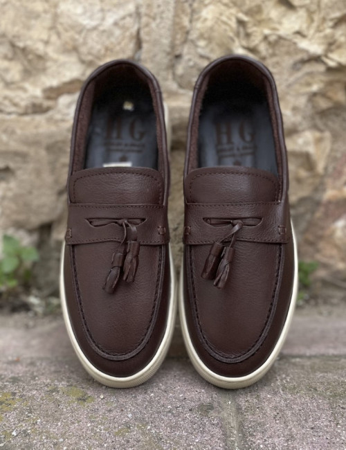 Huxley and Grace ανδρικά καφέ δερμάτινα loafers με tassels HG174194K