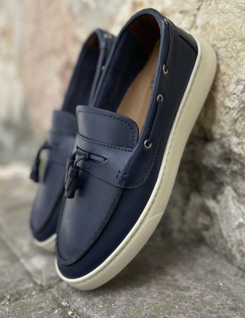 Huxley and Grace ανδρικά μπλε δερμάτινα loafers με tassels HG174194B