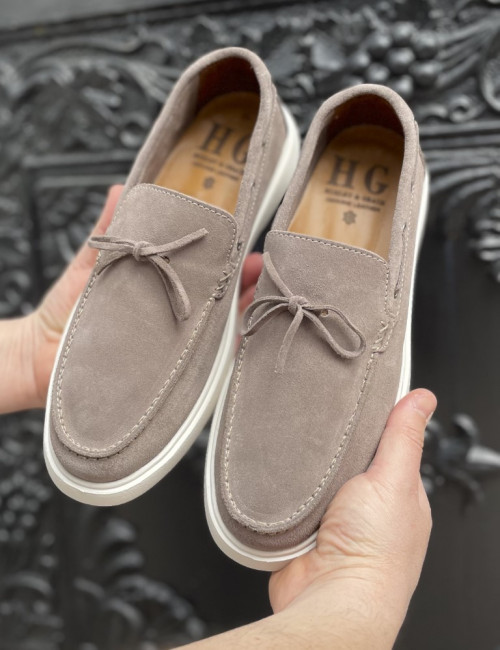 Huxley and Grace ανδρικά γκρι δερμάτινα loafers με κορδόνι HG174193G