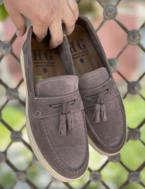 Huxley and Grace ανδρικά γκρι δερμάτινα loafers με tassels HG174191G