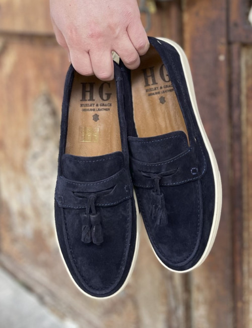 Huxley and Grace ανδρικά μπλε δερμάτινα loafers με tassels HG174191