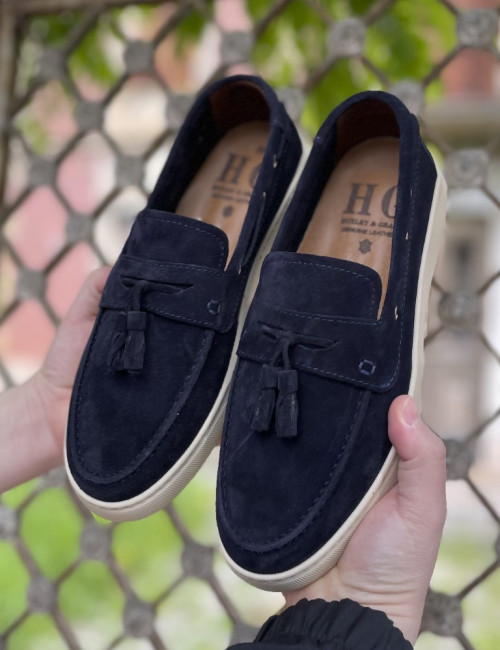 Huxley and Grace ανδρικά μπλε δερμάτινα loafers με tassels HG174191