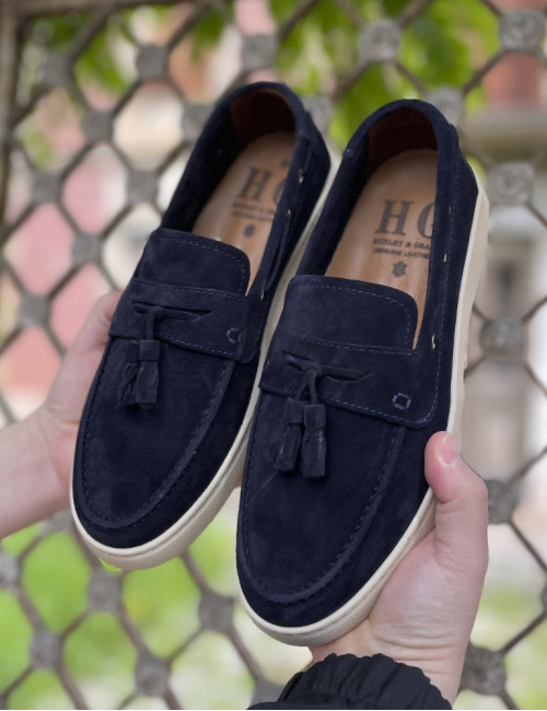 Huxley and Grace ανδρικά μπλε δερμάτινα loafers με tassels HG174191