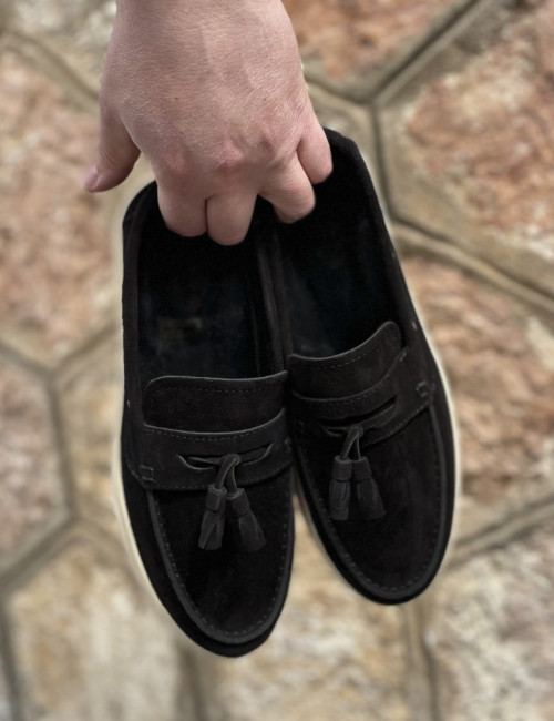 Huxley and Grace ανδρικά μαύρα δερμάτινα loafers με tassels HG174191M