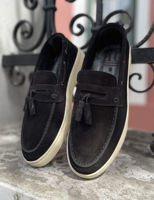 Huxley and Grace ανδρικά μαύρα δερμάτινα loafers με tassels HG174191M