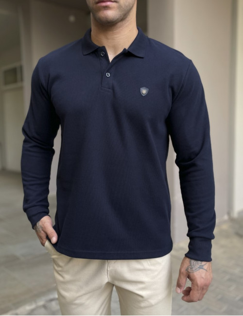 Everbest Ανδρική navy Polo μακρυμάνικη μπλούζα Plus size 251032N