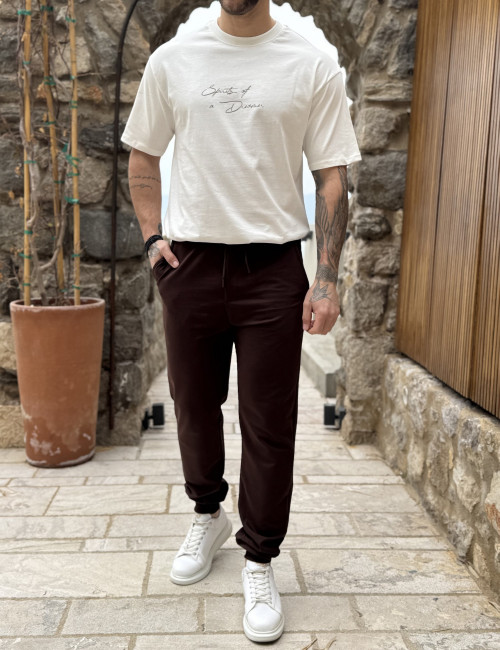 Ανδρική καφέ αθλητική φόρμα με λάστιχο KEF2616